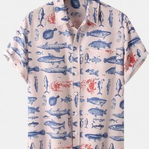 Mens Marine Life Print Button Up Street Short Sleeve Shirts discountshub