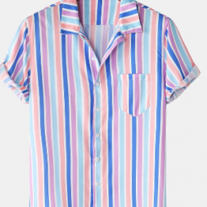 Mens Multi Color Vertical Stripe Button Up Holiday Short Sleeve Shirts discountshub