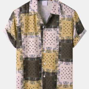 Mens Paisley Print Color Block Short Sleeve Revere Collar Shirt discountshub