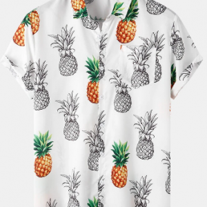 Mens Pineapple Printed Casual Short Sleeve Shirts With Pocket discountshub