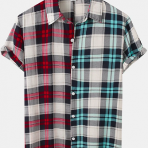 Mens Plaid Patchwork Short Sleeve Lapel Casual Shirt discountshub