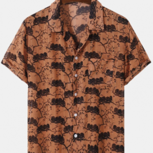 Mens Plant Print Revere Collar Holiday Short Sleeve Shirt discountshub