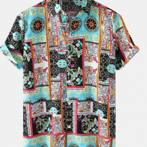 Mens Retro Ethnic Pattern Print Button Up Short Sleeve Shirts discountshub