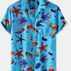 Mens Starfish Ocean Element Print Revere Collar Holiday Short Sleeve Shirts discountshub