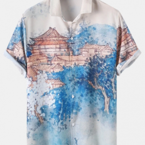 Mens Temple Landscape Ink Print Chinoiserie Short Sleeve Curved Hem Shirt discountshub