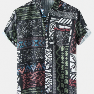 Mens Tribal Pattern Lapel Short Sleeve Shirt With Pocket discountshub