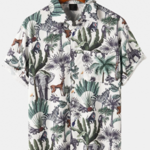 Mens Tropical Plant & Animal Print Short Sleeve Holiday Shirt discountshub