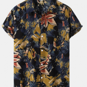 Mens Vintage Abstract Print Lapel Short Sleeve Shirt discountshub