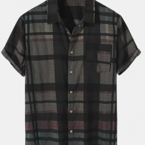 Mens Vintage Plaid Button Up Casual Cotton Short Sleeve Shirts discountshub