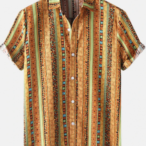 Plus Size Mens Ethnic Pattern Print Lapel Casual Shirt discountshub