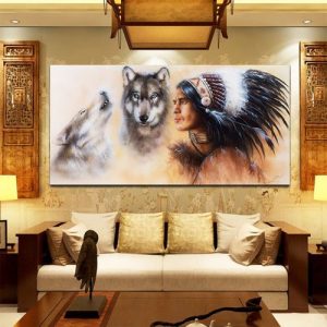 31.5"x15.7" Unframed Canvas Indian Man Wolf Wall Art Painting Picture Home Decor discountshub