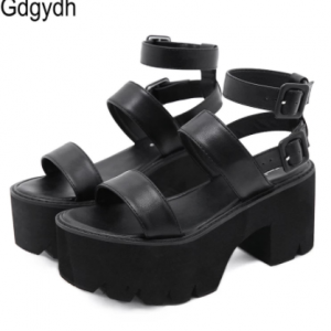 Gdgydh 2021 New Arrival Summer Women Platform Sandals Thick Bottom Ankle Strap Sandals High Heels Open Toe Black Gothic Shoes discountshub