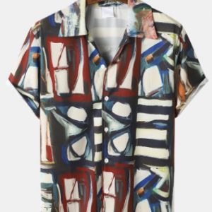 Mens Abstract Doodles Lapel Short Sleeve Regular Hem Shirt discountshub