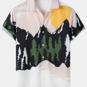 Mens Abstract Landscape Print Lapel Curved Hem Holiday Shirt discountshub