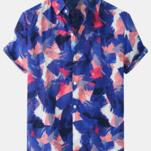 Mens Abstract Watercolor Printed Button Up Short Sleeve Shirts discountshub