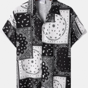 Mens Black & White Paisley Print Ethnic Style Short Sleeve Shirts discountshub