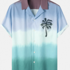 Mens Coconut Tree Print Pocket Ombre Holiday Short Sleeve Shirt discountshub