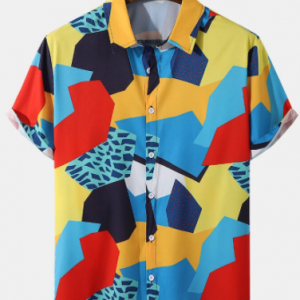 Mens Colorful Color Block Pattern Lapel Short Sleeve Curved Hem Shirt discountshub