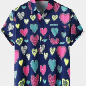 Mens Colorful Heart Graphics Lapel Street Short Sleeve Shirts discountshub