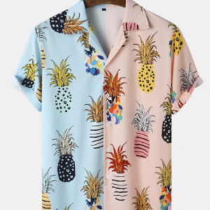 Mens Colorful Pineapple Print Colorblock Revere Collar manga curta Camisa discountshub