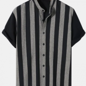 Mens Contrast Stripe Grandad Collar 100% Cotton Casual Short Sleeve Shirts discountshub