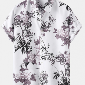 Mens Floral Print Short Sleeve Holiday Curved Hem Shirt discountshub