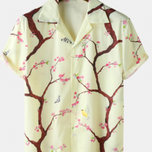 Mens Flower Bird Landscape Print Holiday Revere Collar Regular Hem Shirt discountshub