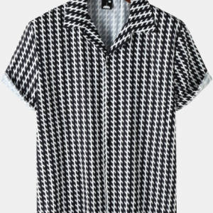 Mens Houndstooth Print Revere Collar Casual Short Sleeve Black Shirts discountshub