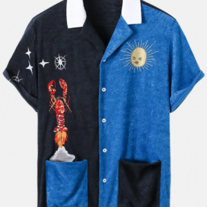 Mens Lobster & Celestial Embroidery Patchwork Towelling Short Sleeve Shirts discountshub