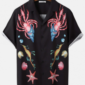 Mens Lobster Seahorse Print Revere Collar Black Holiday Shirt discountshub