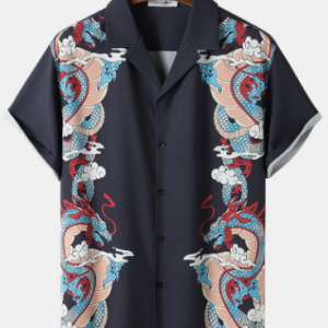 Mens Long Print Chinese Style Revere Collar Short Sleeve Shirt discountshub