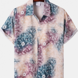 Mens Ombre Paisley Print Ethnic Style Loose Short Sleeve Shirts discountshub