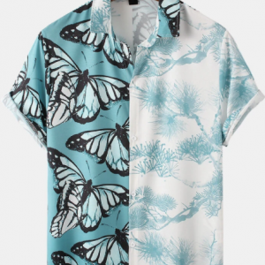 Mens Pine & Butterfly Patchwork Print Casual Loose Lapel Short Sleeve Shirts discountshub