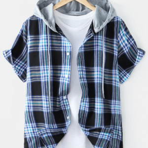 Mens Plaid Hooded Short Sleeve Preppy Shirt discountshub