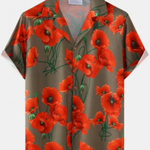 Mens Red Flower Printed Camp Collar Holiday Short Sleeve Shirts discountshub