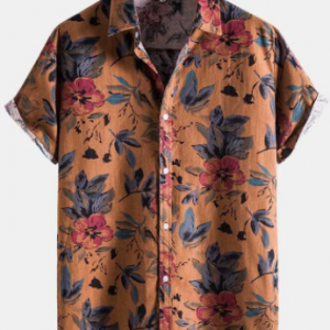 Mens Retro Floral Printed Lapel Cotton Short Sleeve Shirts discountshub