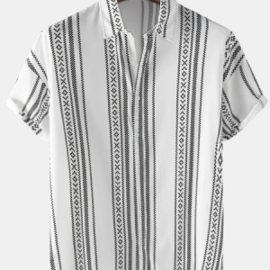 Mens Striped Geo Print High Low Ethnic Style Short Sleeve Shirts discountshub