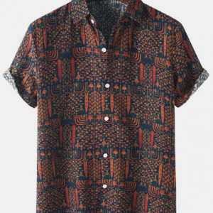 Mens Tribal Geo Pattern Lapel Ethnic Style Short Sleeve Shirts discountshub