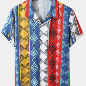 Mens Tribal Geometric Patterns Colorblock Camp Collar Short Sleeve Shirt discountshub