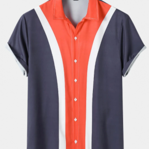 Mens Tricolor Colorblock Short Sleeve Southeast Asian Style Shirt discountshub