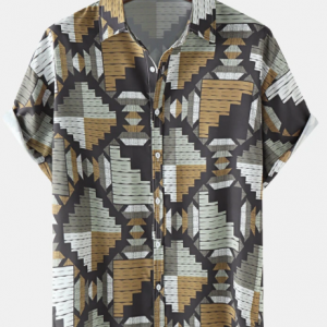 Mens Vintage Geometric Pattern Lapel Short Sleeve Shirt discountshub