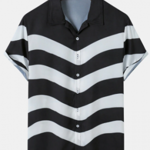 Mens Wave Stripes Black Casual Short Sleeve Curved Hem Shirt discountshub