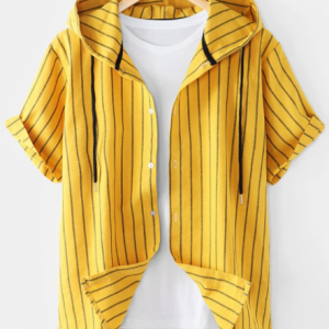 Mens Yellow Striped Short Sleeve Button Up Hooded Shirt discountshub