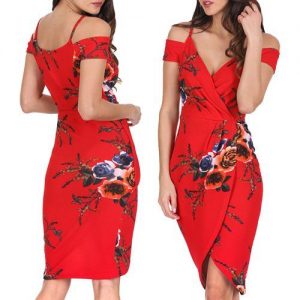 Vogue Women Floral Printing V Neck Off Shoulder Sleeveless Evening Party Dress discountshub