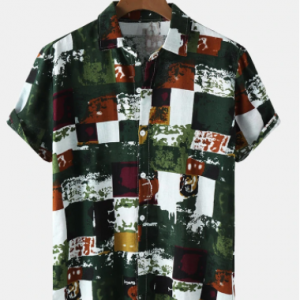 Mens Abstract Plaid Print Button Up Vintage Short Sleeve Shirts discountshub