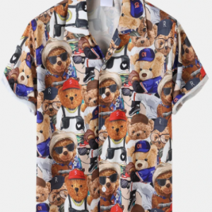 Mens All Over Cartoon Bear Print Revere Collar Short Sleeve Shirt discountshub