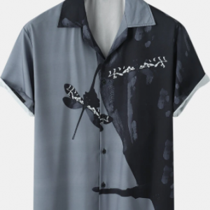 Mens All Over Contrast Dragonfly Print Lapel Street Short Sleeve Shirts discountshub