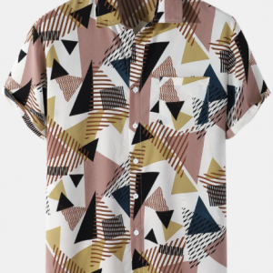 Mens All Over Geometry Print Lapel Short Sleeve Shirt With Pocket discountshub