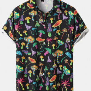 Mens Colorful Mushroom Print Button Up Street Short Sleeve Shirts discountshub