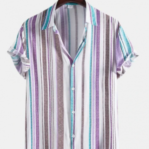 Mens Colorful Vertical Stripes Short Sleeve Button Up Shirt discountshub